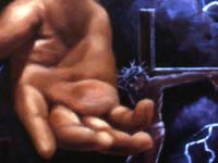 On the cross those nail pierced hands
Reached up to God and down to man...